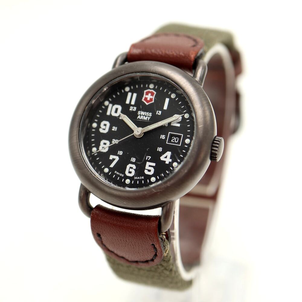 Swiss Army Black Tone 32mm Date Watch Green Canvas Leather Band w New Battery
